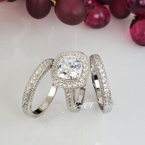 New 925 Halo Cushion Cut Wedding Rings Engagement Ring Set